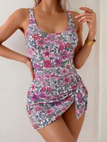 Swim Lushoire Elegant Slimming U-Neck Hibiscus Print One-Piece Swimdress - Multicolor - View 5