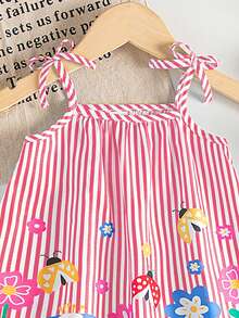 SHEIN Playful Pals 女婴服装 女婴连衣裙 全花卉图案 吊带蝴蝶结 夏季优雅清新连衣裙 - 西瓜粉 - 查看 4
