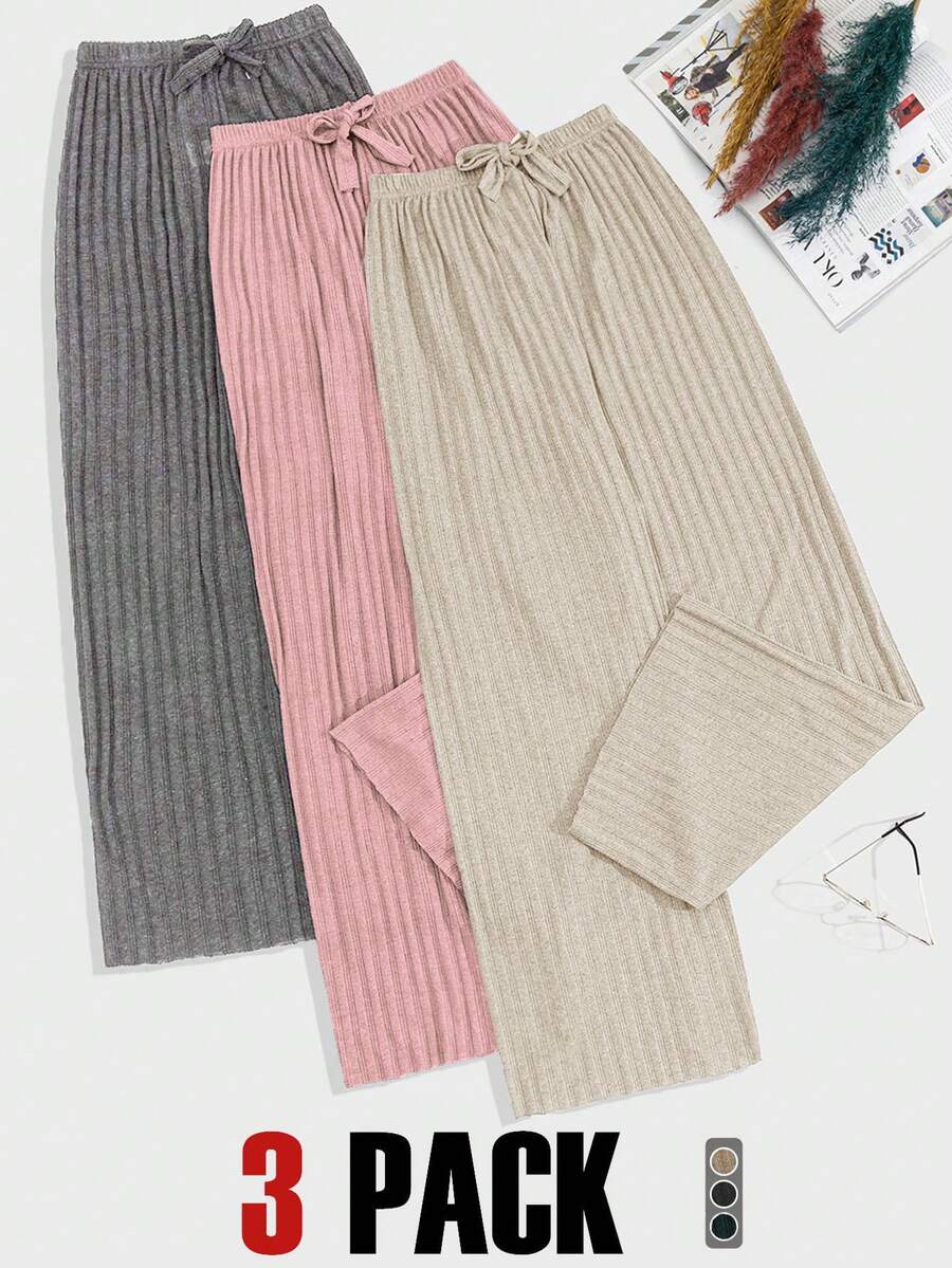RueChic Conjunto de 3 piezas de pantalón de punto sólido 100% algodón - Rosa Roja - Ver 1