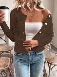 EMERY ROSE Cárdigan de mujer con cuello redondo y botones delanteros calados, chaqueta de punto de otoño/invierno - Café integral - Ver 7