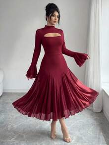 Modelyn Petite 女款純色立領鏤空設計喇叭袖優雅中長洋裝，適合嬌小女性 - 酒紅色 - 查看 5