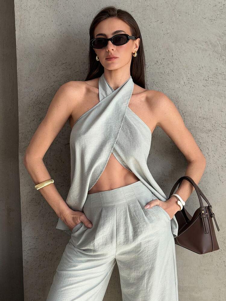 Women's Solid Color Halter Neck Criss-Cross Backless Top And Wide Leg Pants Elegant Vacation Summer 2-Piece Set