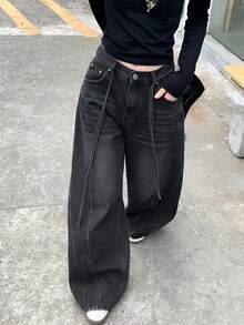 DAZY 女士水洗系带休闲牛仔裤，秋冬街头风 - 灰色 - 查看 5