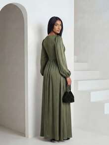 Veilorie 女士纯色圆领灯笼袖腰交叉长袍连衣裙，端庄 - 綠色 - 查看 8