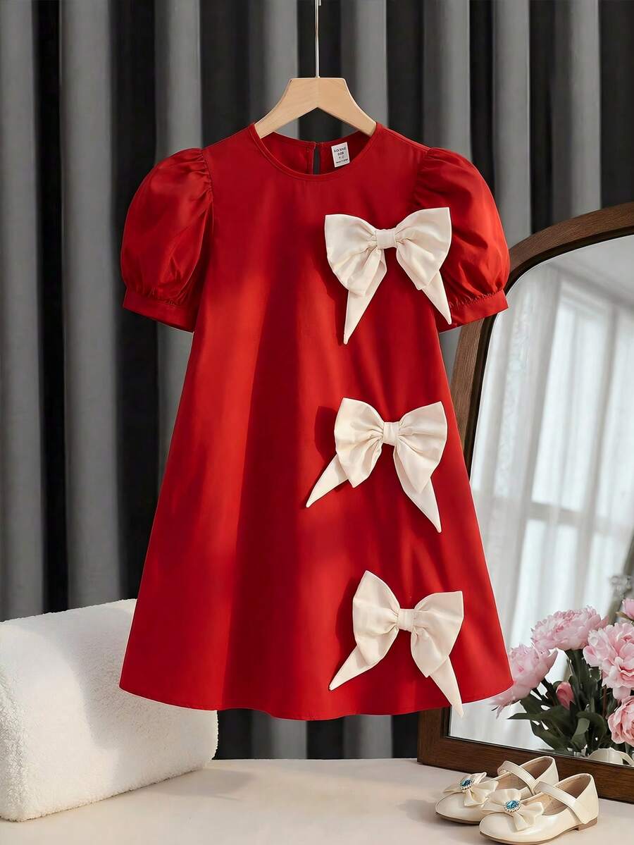 SHEIN 少女休闲优雅纯色撞色蝴蝶结装饰泡泡袖A字连衣裙，公主裙，适合日常穿着、返校季，黑色连衣裙，蝴蝶结连衣裙 - 紅白色 - 查看 1