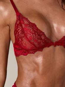 SHEIN BAE 女士纯色蕾丝性感内衣套装新娘内衣外出装，坏蛋造型 - 紅色 - 查看 13