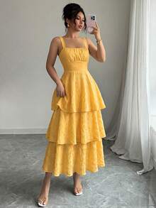 Elenzga 女士优雅无袖露背蝴蝶结镂空蛋糕裙，适合约会、拍照、海滩、生日等场合，黄色纹理面料长裙，春夏款 - 黃色 - 查看 3