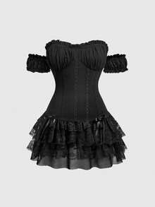 ROMWE Đầm nữ cỡ lớn kiểu cung điện Gothic cổ điển, phối màu tương phản, xếp nếp, trễ vai. - màu đen - Xem 5