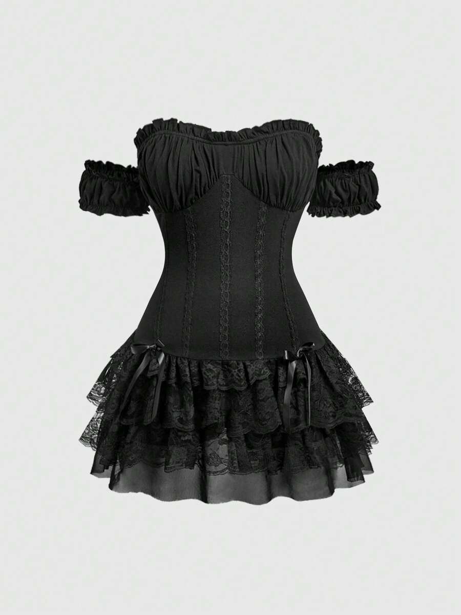 ROMWE Goth Vestido de mujer de talla grande con hombros descubiertos, volantes y contraste de colores en estilo retro palaciego gótico - Negro - Ver 1