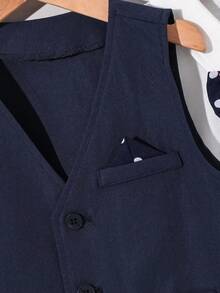 SHEIN 男童学院风纯色长袖衬衫、马甲和长裤三件套西装，绅士风格，适合儿童穿着，适合男童，可用于返校、校服、幼儿园、生日派对、晚宴、婚礼、洗礼、开学典礼、日常穿着、旅行、运动、秋冬季等场合。 - 藍色 - 查看 5