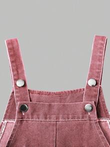 SHEIN Tween Girls' Summer Casual Back-To-School Dusty Pink Denim Jumpsuit,Cute Butterfly Print Metal Button Strap Long Pants,School Vintage Overalls - Pink - View 7