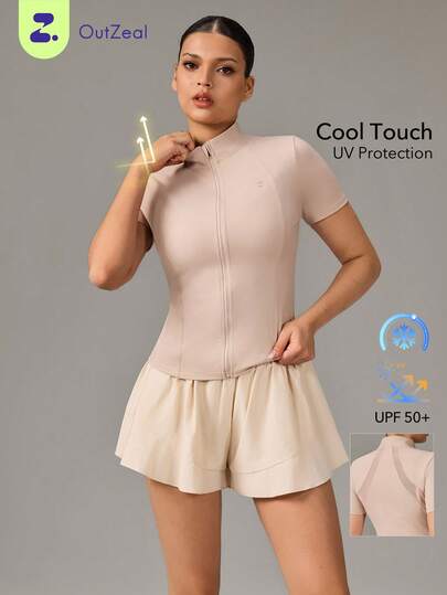 OutZeal Áo khoác thể thao nữ, áo tập gym, áo tập luyện thoáng mát, chống tia UV, dáng ôm, có lưới thoáng khí phía sau, khóa kéo.