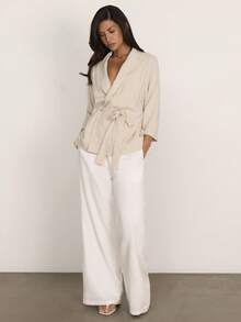COSMINA Women's Elegant Beige Autumn Office Shirt,Linen Fabric Solid Color 3/4 Sleeve Wrap Design Casual Top,Featuring Collar,Belt,Ideal For Daily Outing - Apricot - View 4