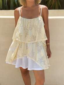 Livesso Women's Yellow Lace Camisole With Layered Ruffle Hem, Elegant For Casual, Beach, Wedding, Valentine's Day, Spring/Summer Boho - Beige - View 2