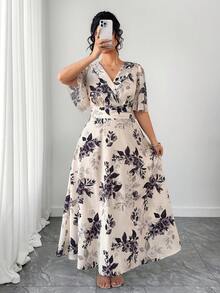 SHEIN Elenzya Đầm thời trang thanh lịch tay bồng in hoa dành cho nữ cỡ lớn - Nhiều màu - Xem 7