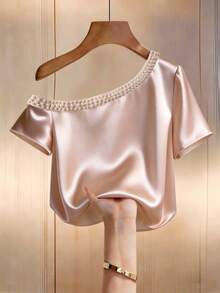 SHEIN Atasan Satin Champagne Bahu Terbuka/Dekorasi Trim Mutiara Imitasi/Elegan/Kerja/Kencan/Blus Modis - Aprikot - View 3