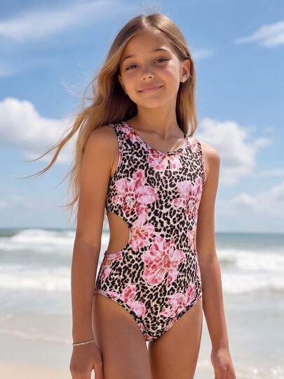 Áo tắm liền thân phối hoa văn đen trắng tương phản dành cho bé gái tuổi teen, đồ bơi dễ thương, thoải mái hàng ngày, thích hợp đi biển hoặc đi nghỉ mát.