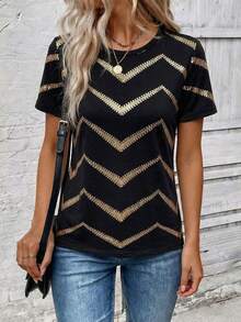 Selamara Casual Retro Basic Round Neck Short Sleeve Black Tee With Golden Triangle Wave Print - Multicolor - View 5