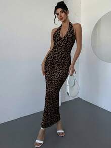 Firerie Gaun Bodycon Model Halter Leher V Dalam Motif Leopard, Cocok untuk Pesta Malam, Koktail, Makan Malam, Kencan, Kotak-kotak Cokelat, Musim Panas, Kasual, Pantai, Liburan, Hari Raya - MultiWarna - View 3