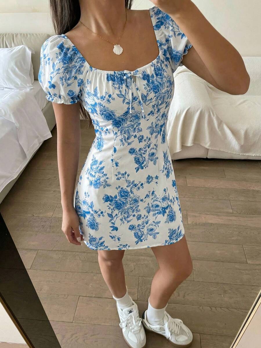 少女海军蓝碎花蝴蝶结领修身泡泡袖迷你连衣裙,适合派对、度假、海边奶奶装扮 - 彩色 - 查看 1