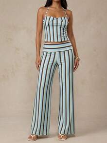 SHEIN BAE Pantalon évasé décontracté rayé pour femmes, polyvalent, convenant pour la plage, les sorties, les vacances d'été et diverses occasions. Pantalon large rayé coloré, pantalon ample d'été, pantalon décontracté, vêtement décontracté pour femmes, pantalon long jaune - Bleu azur - Voir 3