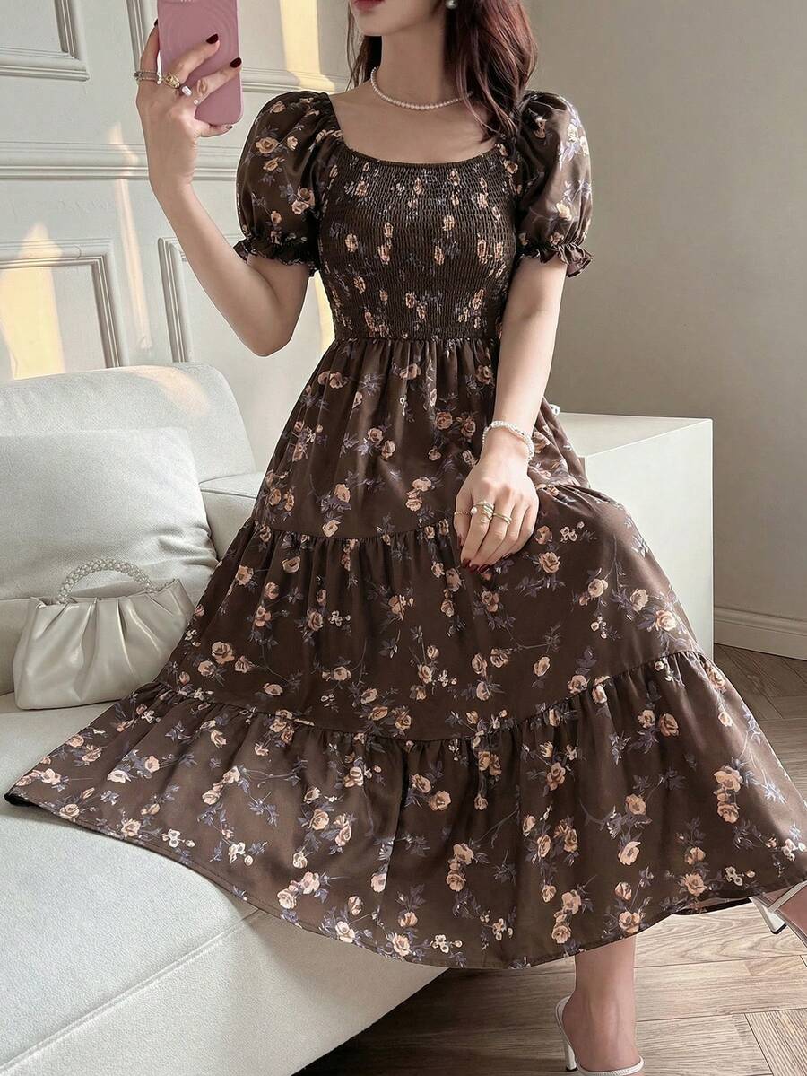 Summer Outfits Teen Girl Puff Sleeve Ditsy Floral Mini Dress, Summer Squishy Dress - Brown - View 1