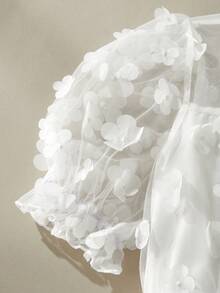 SHEIN 1pc Girls' White Autumn Elegant Flower Girl Holiday Dress,Floral Embroidered Mesh Collar Puff Sleeve Princess Dress For Birthday Party Flower Girl - White - View 5