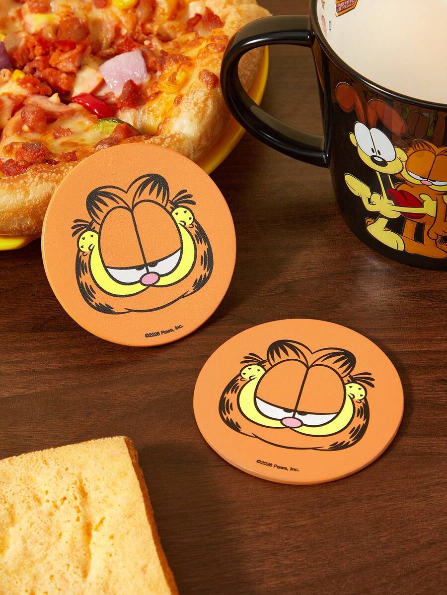 GARFIELD | SHEIN 2件套PU皮革汽车杯架垫，防震，通用，时尚汽车杯架垫，可放置于汽车杯架中，适用于汽车和家庭办公室，猫咪图案 - A - 查看 1