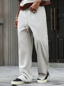 PAVTROS Pantalones largos casuales y versátiles para hombres con diseño de cordón y un solo hilera de botones - Beis - Ver 5