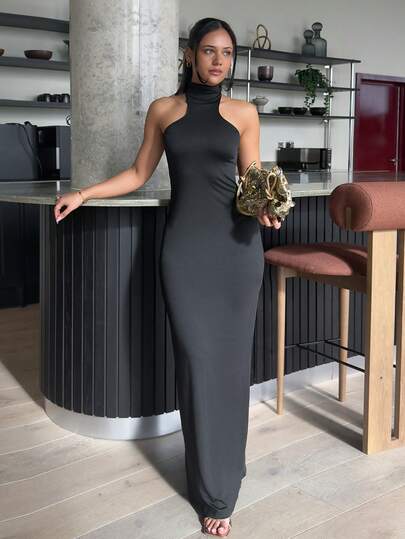 LHSEPT 女士优雅性感金属扣装饰镂空修身黑色针织弹力连衣裙