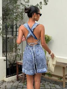 SHEIN Women's Ruffled Sleeveless Denim Jumpsuit - Blue - View 2
