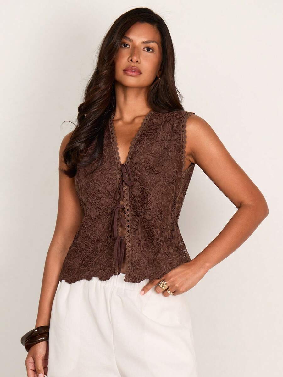COSMINA Women's Fashion Lace Floral Ruffle Hem Drawstring Tie Strap Camisole Tank Top, Summer - Brown - View 1