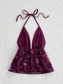 Sweetra American Laidback Chic Purple Beaded Halter V-Neck Backless Sexy Fashionable Versatile Party Camisole For Summer Holiday - Purple - View 3