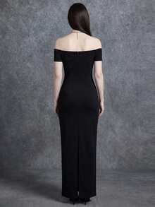 Glisette Đầm dài trễ vai kiểu Gothic phối kim loại dành cho nữ - màu đen - Xem 2