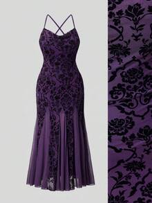 ROMWE Spring/Summer Plus Size Women Elegant Hippie Vintage Flocked Mesh Draped Neck Dress, Dark Purple Valentine's Day - Purple - View 7