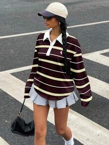 Muchica Women's Casual Striped Print Drop Shoulder Long Sleeve Collared T-Shirt - Multicolor - View 4