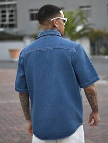 Devon Thys 男士休闲水洗牛仔短袖衬衫 - 藍色 - 查看 2