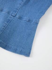 GlowEve Áo sơ mi denim nữ trễ vai, viền bèo nhún - Màu xanh lam - Xem 5