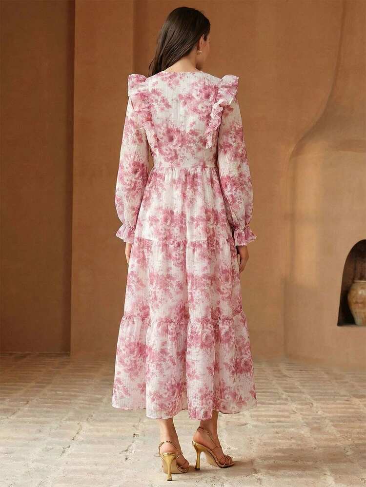 Anewsta Summer Vacation Outfit Pink Romantic Jacquard Print Ruffle Waist Flare Elegant Dress For Women