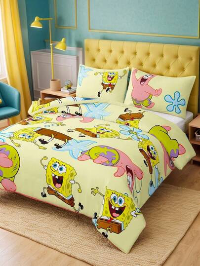 SpongeBob SquarePants | SHEIN 3pc Marine Animal Cartoon Print Quilt Set, Sanded Material, Soft And Warm, Blue Quilt Cover, Double-Sided Pattern, Multiple Sizes, Suitable For Single Bed/Double Bed/King Bed/King Bed,Gift Ideas