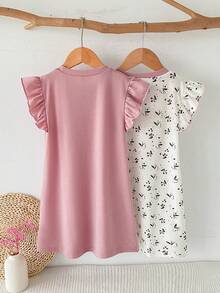 Genkimix Kids Bộ 2 món đồ ngủ và áo mặc nhà tay ngắn, viền bèo cho bé gái, thích hợp cho mùa xuân/hè. - Nhiều màu - Xem 2