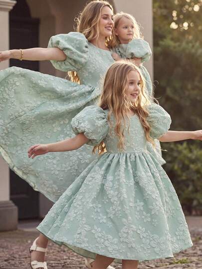 SHEIN Glamorique Kids Baby Girls Elegant Graceful Green Jacquard Puff Sleeve Round Neck Waist Cinched Cute Fluffy Skirt Dress
