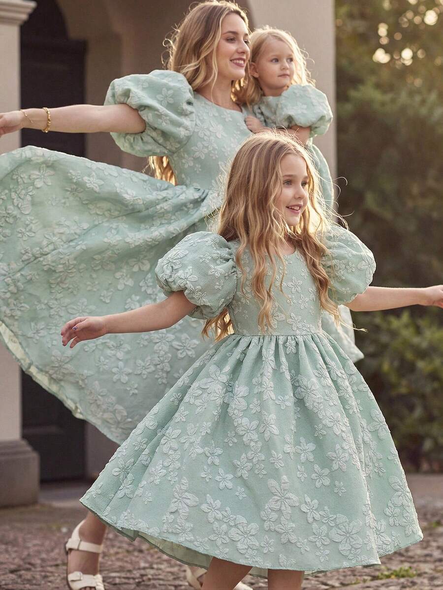 SHEIN Glamorique Kids 女婴优雅绿色提花泡泡袖圆领收腰可爱蓬蓬裙 - 綠色 - 查看 1