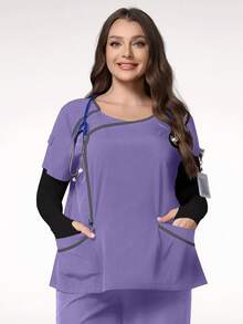 TaskEZ Top de uniforme de contraste con rayas, cuello redondo y manga corta - Morado - Ver 6