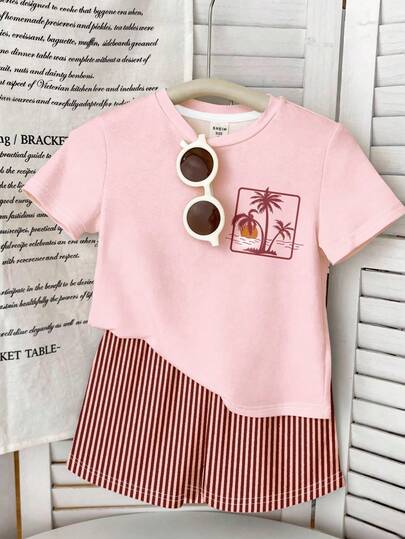 SHEIN Bộ 2 món cho bé gái, kiểu dáng tối giản, gồm áo thun cổ tròn tay ngắn và quần short, thích hợp mặc hàng ngày vào mùa xuân/hè.