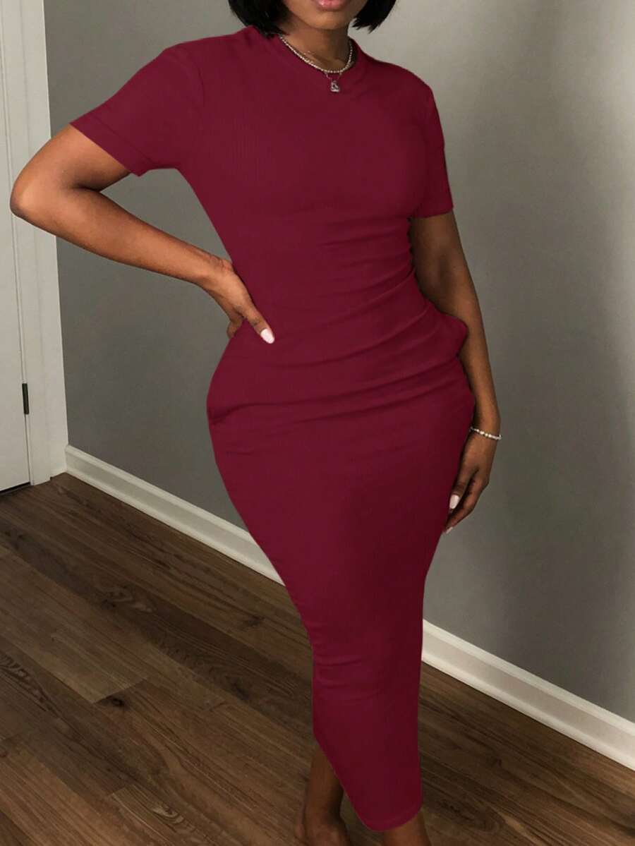SHEIN Plus Size Casual Solid Color Fitted Dress, Summer - Burgundy - View 1