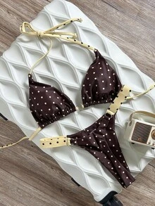 Swim Mod Ensemble de bikini à col ras-du-cou à imprimé aléatoire pour femmes, printemps/été - Multicolore - Voir 2