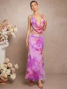 Flowy Paisley Print Summer Maxi Skirt - Mauve Purple - View 1