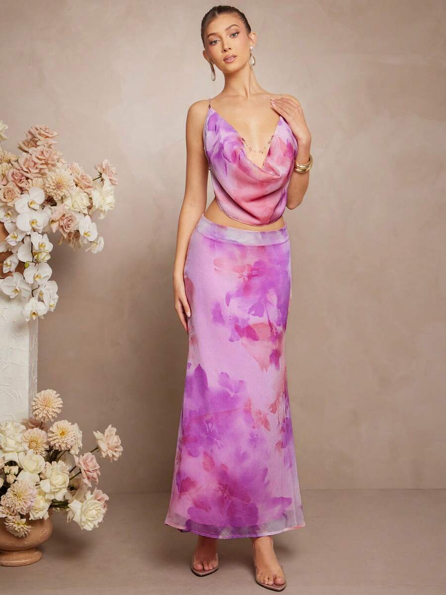 Flowy Paisley Print Summer Maxi Skirt - Mauve Purple - View 1