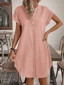 SHEIN Tall CURVE Plus Size Solid Color Minimalist Casual Short Sleeve Dress - Pink - View 6